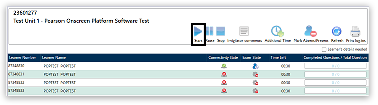 Invigilator Dashboard - Learner logged in