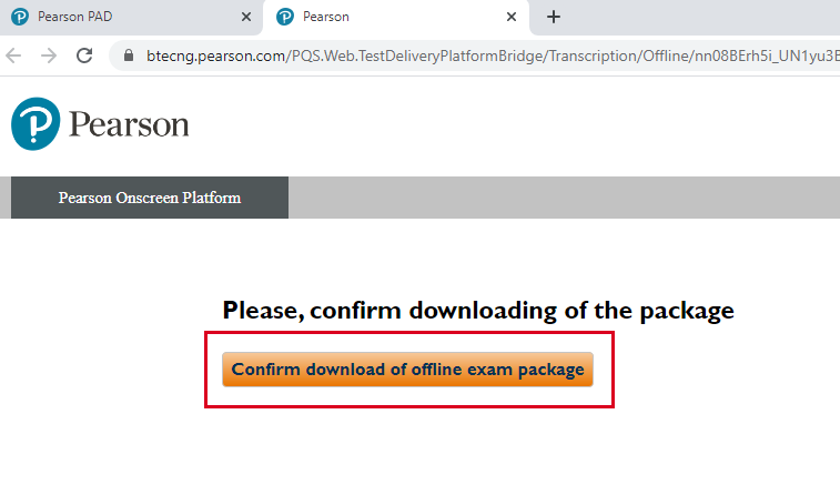 Button to confirm download of exam package