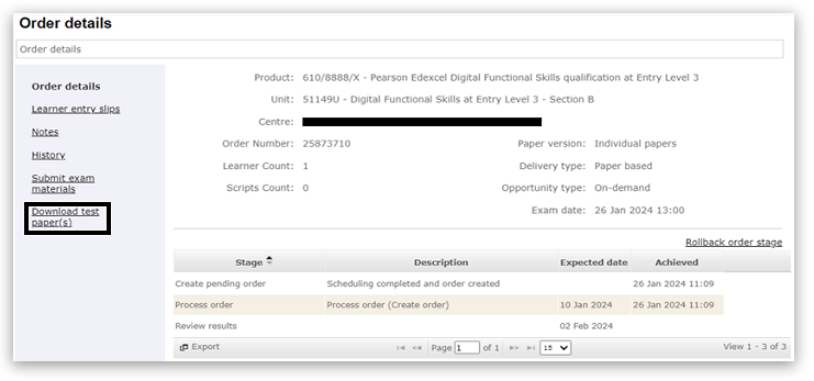Order details for Digital Functional Skills Entry Level 3. Shows exam info, order stages, and links on the left. 'Download test paper(s)' is highlighted—click here to access the test paper for the scheduled exam on 26 Jan 2024.
