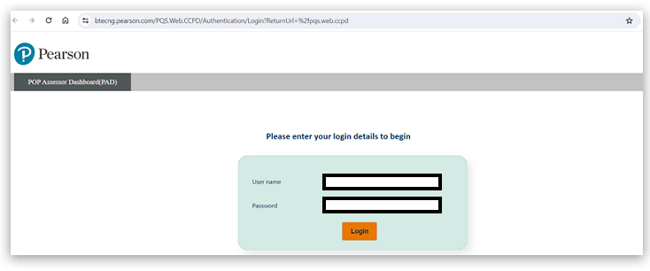 Login page for Pearson POP Assessor Dashboard (PAD) with fields for username and password highlighted. Click the Login button bellow to access the dashboard after entering your credentials.