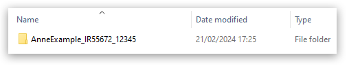 File explorer window showing one folder: 'AnneExample_IR55672_12345', last modified on 21/02/2024 at 17:25.