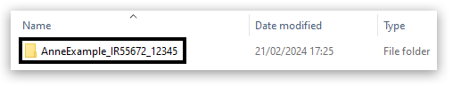 File explorer window showing one folder: 'AnneExample_IR55672_12345', selected.