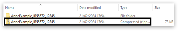File Explorer window showing two items: a folder and a compressed (zipped) folder, both named 'AnneExample_IR55672_12345', modified on 21/02/2024 at 17:54. The zipped folder is 73 KB in size.