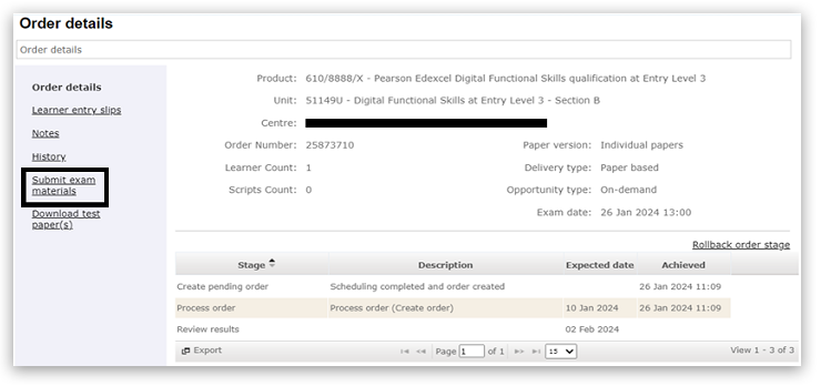 Order details for Digital Functional Skills Entry Level 3. Shows exam info, order stages, and links on the left. 'Submit exam materials' is highlighted—click here to upload the assessment materials.