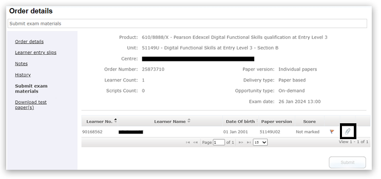Order details page for Entry Level 3 Digital Functional Skills exam. Order No: 25873710 with one learner listed: Paper version 51149U02, Score: Not marked. The paperclip icon is highlighted to attach learner evidence.