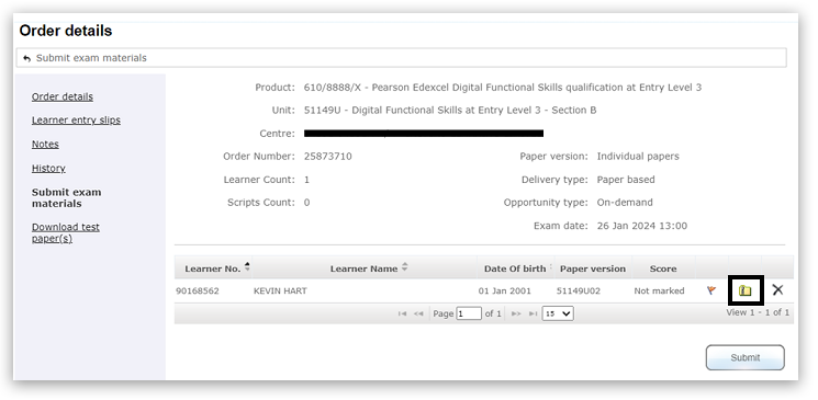 Order details page for Entry Level 3 Digital Functional Skills exam. Order No: 25873710 with one learner listed: Paper version 51149U02, Score: Not marked. The paperclip icon has been replaced by a file icon and is highlighted.