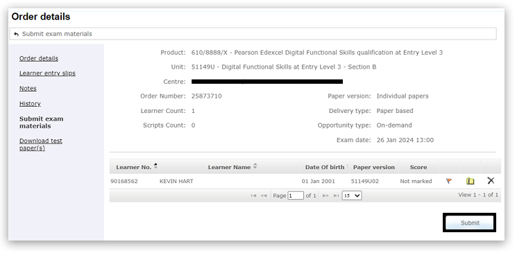 Order details page for Entry Level 3 Digital Functional Skills exam. Order No: 25873710 with one learner listed: Paper version 51149U02, Score: Not marked. The paperclip icon has been replaced by a file icon and the 'Submit' button is selected..