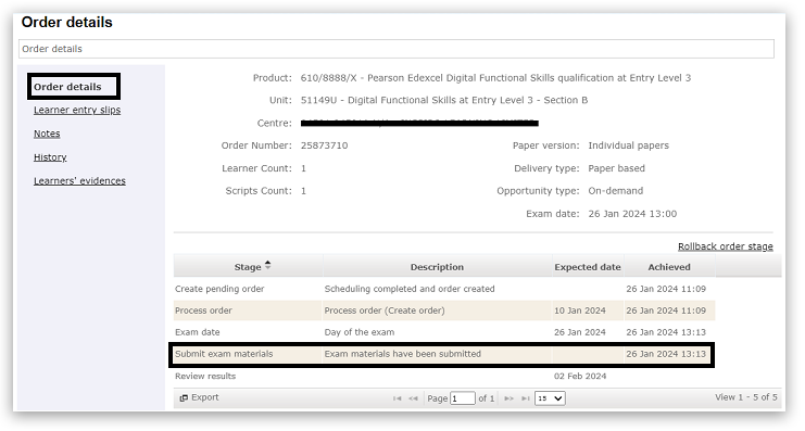 Order details page for Entry Level 3 Digital Functional Skills exam. Order No: 25873710. Timeline shows stages from order creation to submission, and Exam materials have been submitted on 26 Jan 2024. Review results expected by 02 Feb 2024.