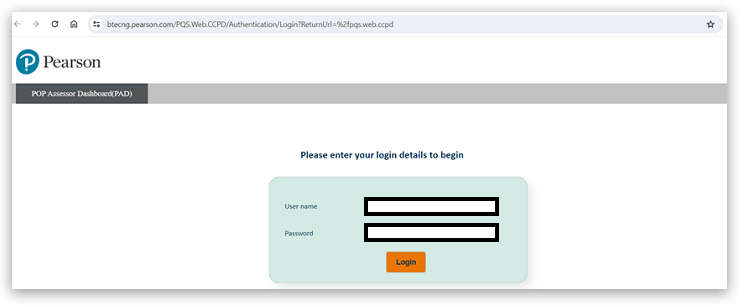 Login page for Pearson POP Assessor Dashboard (PAD) with fields for username and password highlighted. Click the Login button bellow to access the dashboard after entering your credentials.