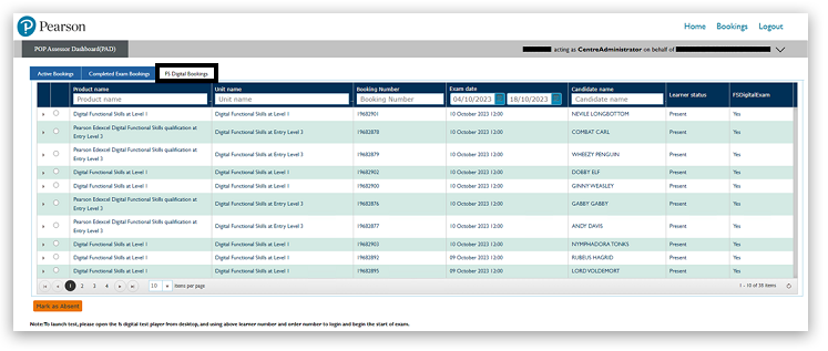 Pearson POP Assessor Dashboard showing exam bookings. Table includes product name, unit, booking number, exam dates, candidate name, learner status, and digital exam flag. 'Active Bookings' tab is highlighted —click to view booking details.