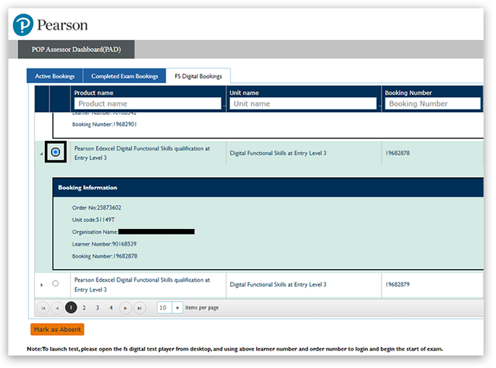 Pearson POP Assessor Dashboard showing FS Digital Booking info for Order No: 25876402. The radial icon to the left of the booking has been checked to indicate the booking is selected.