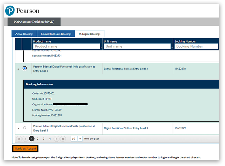 Pearson POP Assessor Dashboard showing FS Digital Booking info for Order No: 25876402. The radial icon to the left of the booking is checked to indicate the booking is selected. The 'Mark as Absent' button at the bottom should now be clicked.