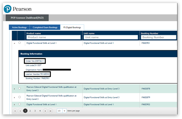 Highlighted Booking Information section showing Order No: 25873611 and Learner Number: 90168542 on the Pearson POP Assessor Dashboard under the FS Digital Bookings tab.