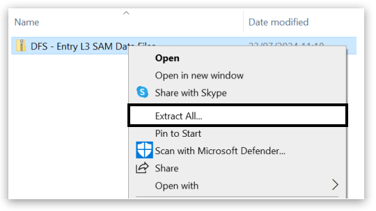 File explorer showing 'DFS - Entry L3 SAM Data File' last modified on 23/07/2021. A context menu is open—click 'Extract All...' (highlighted) to unzip the file and access its contents.