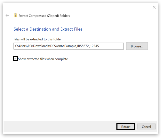 Window titled 'Extract Compressed (Zipped) Folders' with path set for extraction. Tick box 'Show extracted files when complete' is checked and highlighted. Click the 'Extract' button—also highlighted—to begin unzipping.