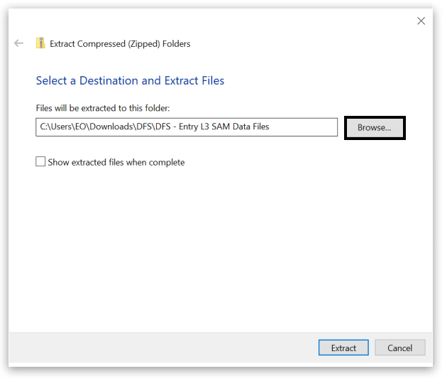 Dialog box titled 'Extract Compressed (Zipped) Folders' with path set to extract files. Click the 'Extract' button—highlighted in a black box—to begin unzipping the folder to the specified location.