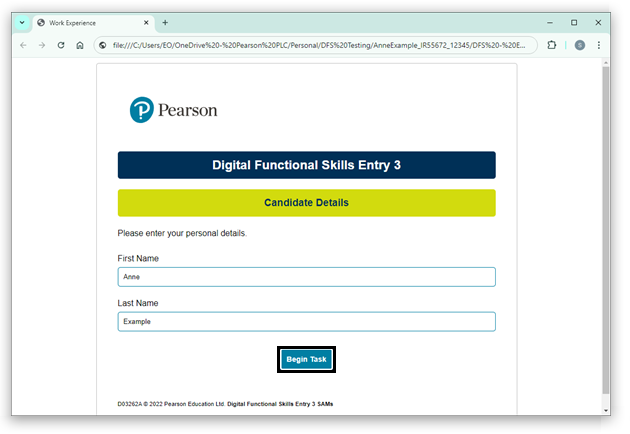 Pearson Digital Functional Skills Entry 3 webpage titled 'Candidate Details' with the' Begin Task' button highlighted.