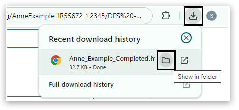 Browser window showing the 'Recent download history' with a download notification for 'Anne_Example_Completed.h...' (32.7 KB, Done). The 'Show in folder' icon is highlighted. URL includes 'AnneExample_IR55672_12345/DFS...'.