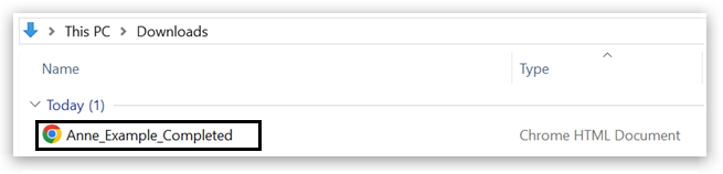 File Explorer window open to Downloads folder showing one file under 'Today (1)': 'Anne_Example_Completed', listed as a Chrome HTML Document.
