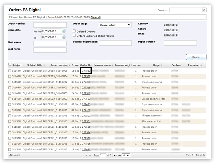 Digital order screen for 'Orders FS Digital' with filters and a table listing multiple test entries. An Order Number is highlighted. Headings show: paper version, subject, exam date, name, stage and centre. Results span 01/09/25 to 30/09/25.