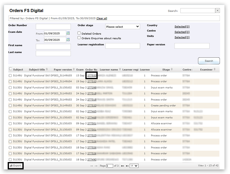 Digital order screen for 'Orders FS Digital' with filters and a table listing multiple test entries. An Order Number and the Export button are highlighted. Headings: paper version, subject, exam date, name, stage and centre. From 01/09/25 to 30/09/25