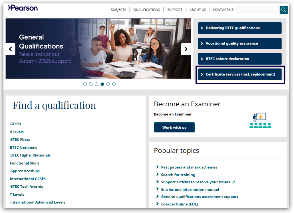 Screenshot showing Certificate services button on right side of qualifications.pearson.com homepage