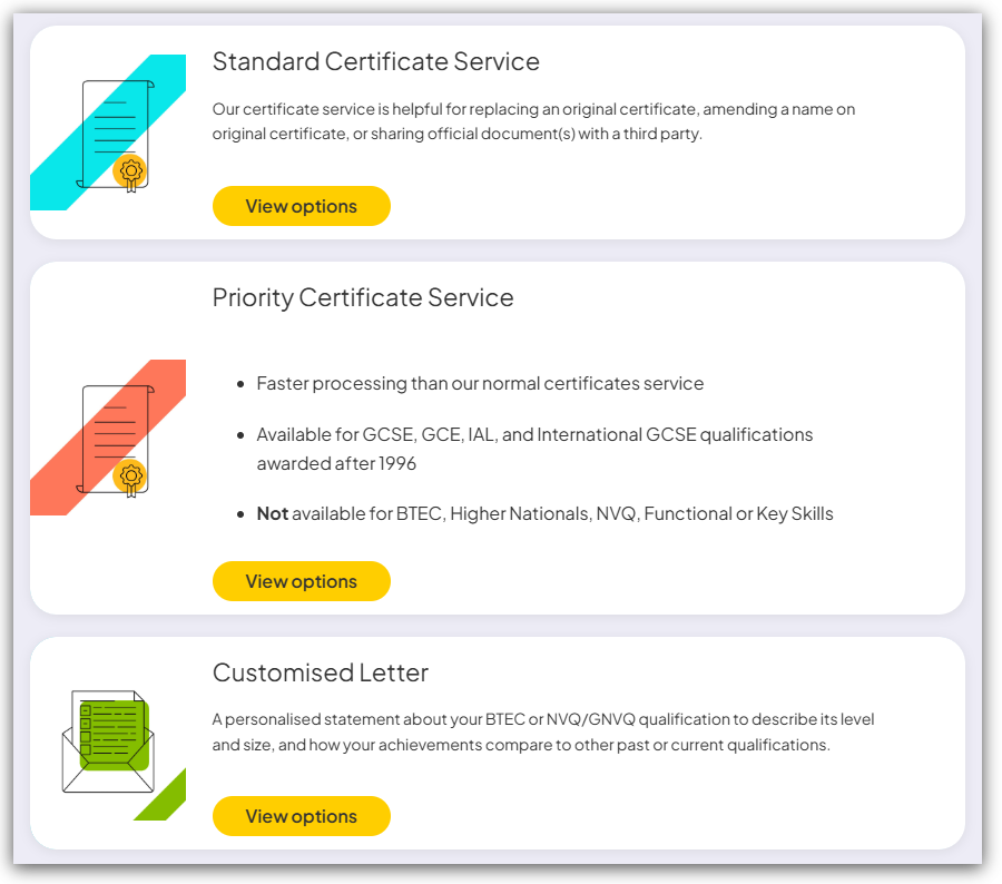 Screenshot showing three certificate service options - Standard Certificate Service, Priority Certificate Service, and Customised Letter with "View options" buttons