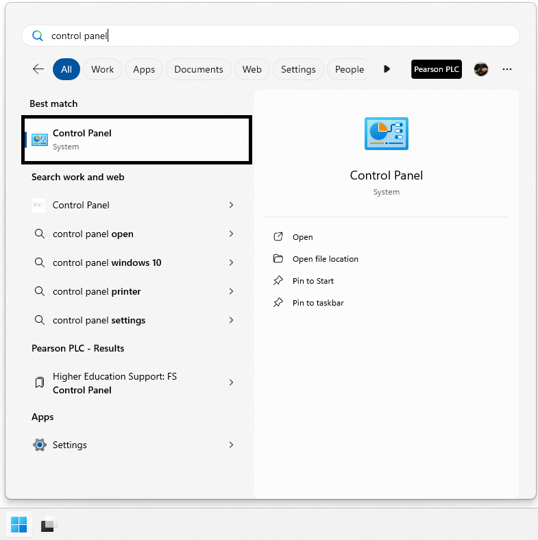 Windows menu Control Panel