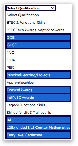 Qualification dropdown menu showing available qualifications highlighted in blue