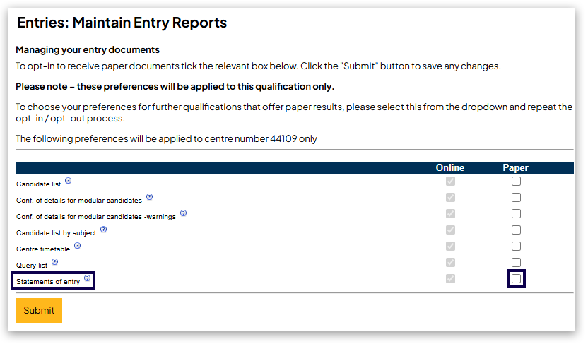 Table displaying report types with Online and Paper checkbox columns, Statements of entry row highlighted