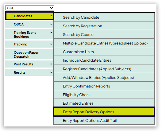 Candidates menu expanded showing Entry Report Delivery Options highlighted in yellow