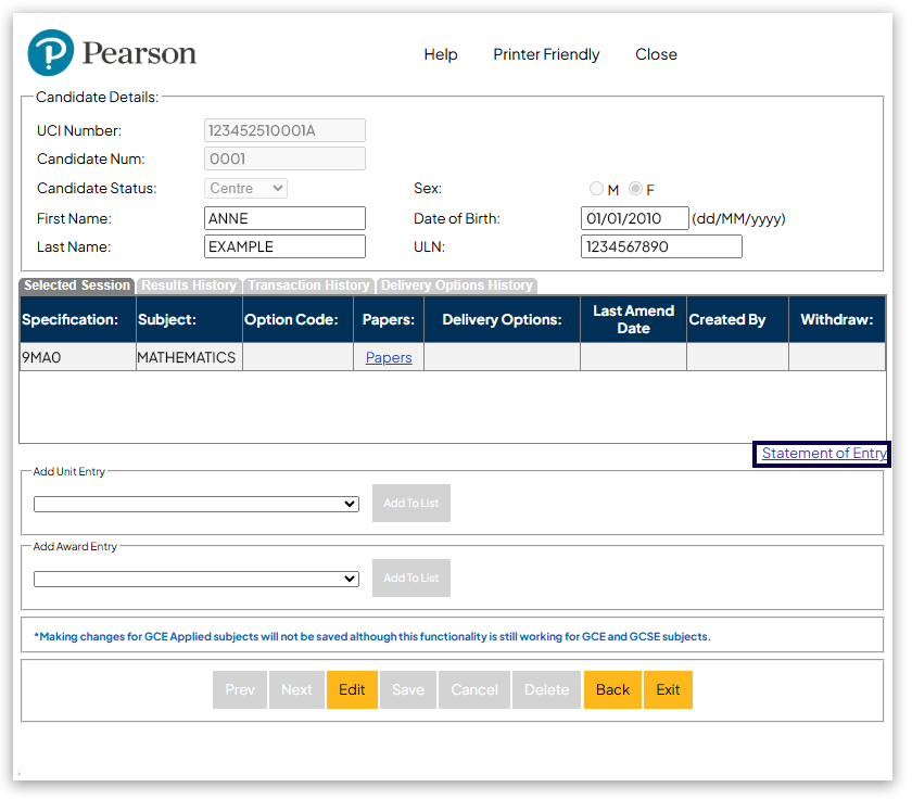 Candidate details page showing Statement of Entry link beneath entries table on right side