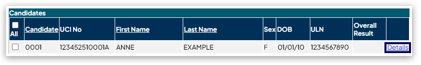 Candidate list showing Details link in final column next to candidate name