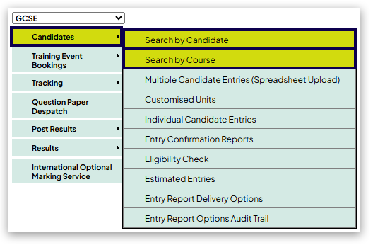 Candidates menu showing Search by Candidate and Search by Course options