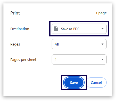 Print dialogue box showing Save as PDF destination selected and Save button highlighted