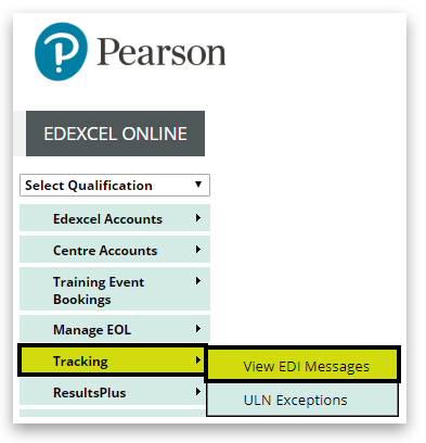 Screenshot showing Edexcel Online menu with Tracking expanded and View EDI Messages option highlighted
