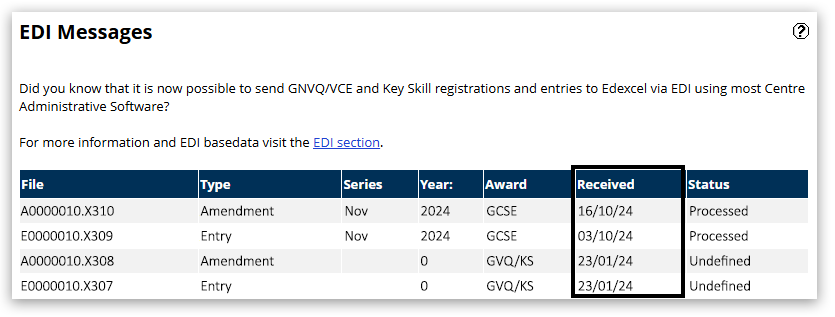 EDI Messages table showing examples of file types including processed registration files, entry and amendment files, and Pearson-sent 9B and 7B files with Undefined status