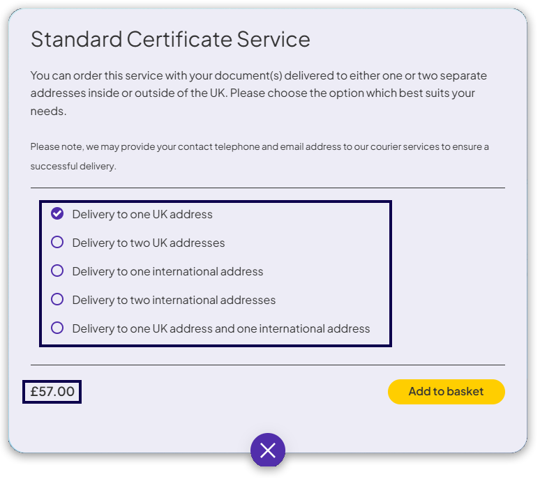 Screenshot showing delivery options dialog with radio buttons for various UK and international delivery choices, and the associated price.