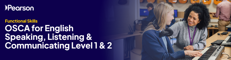 Banner text reads: Functional Skills OSCA for English Speaking, Listening & Communicating Level 1 & 2