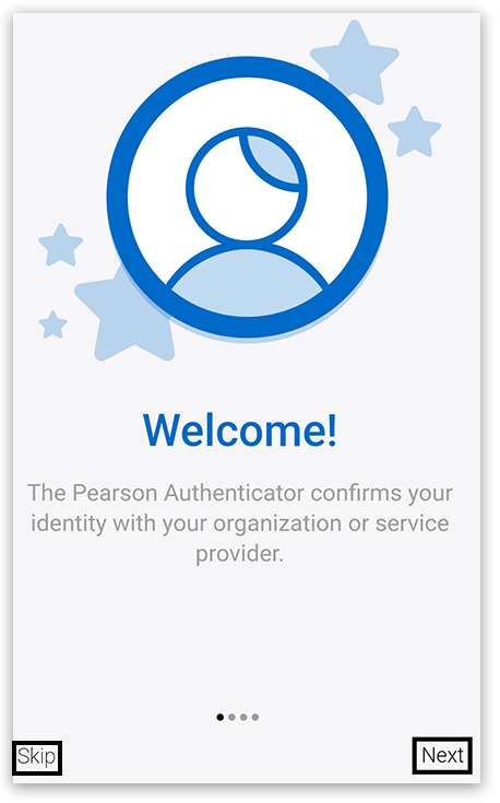 Pearson Authenticator app welcome screen with skip and next options