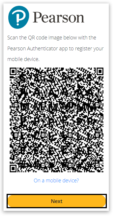 QR code screen with Next button