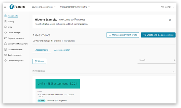 Pearson Progress homepage after successful login